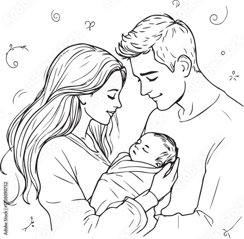 Family love illustration — black and white line drawing of two adults holding a baby with gentle expressions and whimsical accents