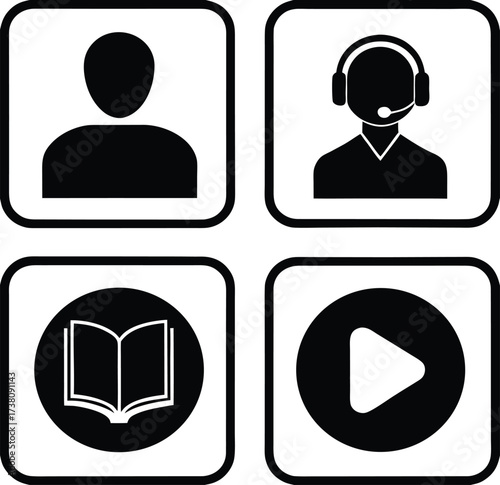 Four essential icons user support knowledge media play button icons representing customer service online learning and video content