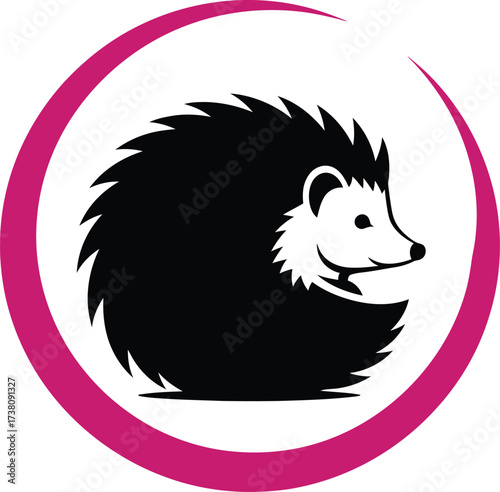 Black and white silhouette of a cute, curled-up hedgehog with sharp quills, encircled by a bold, curving magenta or pink circular frame, symbolizing nature, protection, alertness, minimalist pet.