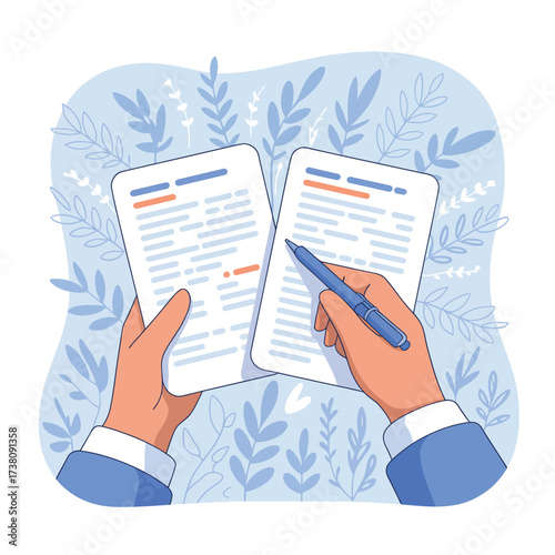 Reviewing documents with a pen in hand surrounded by abstract botanical design