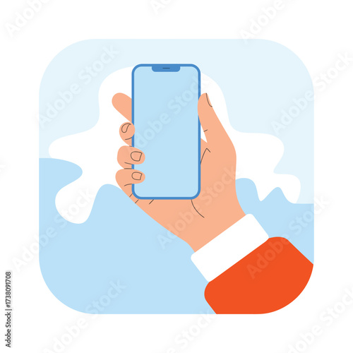 Hand Holding Smartphone with Blue Screen Against a Stylish Abstract Background vector