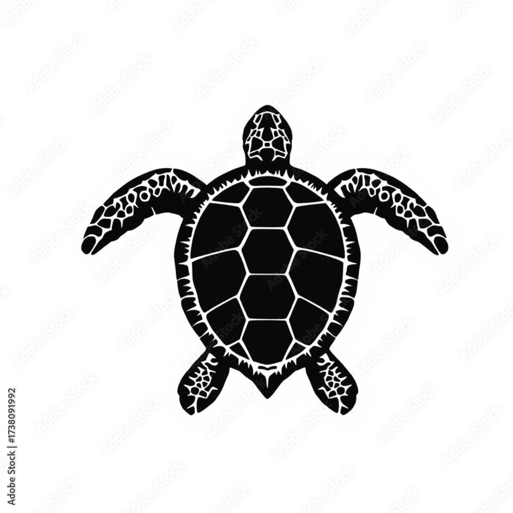 Fototapeta premium Sea turtle illustration — black and white stylized top view with hexagonal shell pattern and detailed flippers and head