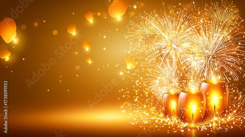 Colorful fireworks bursting among rising lanterns glowing in wide night sky