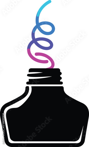 Black silhouette of a vintage ink bottle or perfume container with a psychedelic, colorful, swirling smoke or vapor rising from the opening, symbolizing creativity, magic, imagination, and mystery.