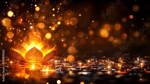 Close-up of lotus-shaped krathong glowing against dark river background, natural warm tones