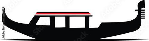 Black silhouette of a classic Venetian gondola boat featuring a sleek design with a bold red stripe on the cabin roof, symbolizing romance, travel, Italy, water transport, and a luxurious journey.