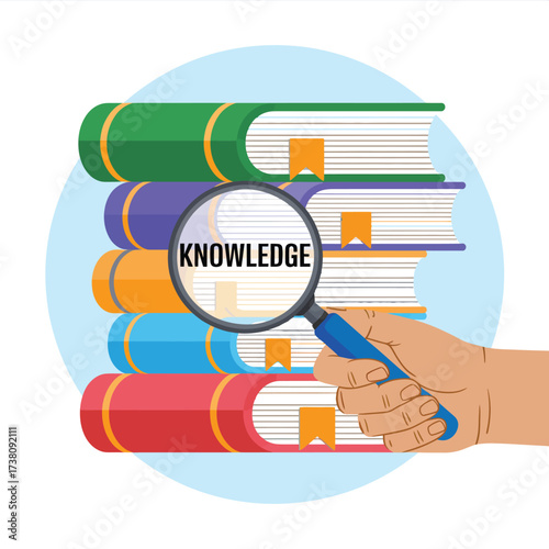Magnifying Glass on Stack of Colorful Books Exploring the Concept of Knowledge