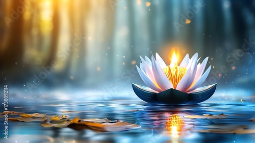 Single lotus krathong illuminated with flickering flame floating peacefully at night