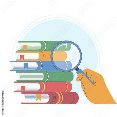 Exploring Knowledge Stack of Books with Magnifying Glass Unveiling Secrets Education Concept
