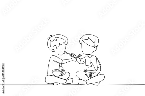 Single continuous line drawing two brothers feeding each other food. Teaching to chew food quickly. Taste the deliciousness together. Brotherhood. Day of Brother. One line design vector illustration