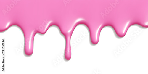 Pink ice cream melt background with drip and liquid texture for dessert design or sweet summer banner. Glossy flowing substance with smooth edges and realistic shadows on white surface.