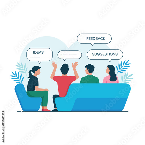 Brainstorming session with diverse team sharing ideas feedback and suggestions vector illustration