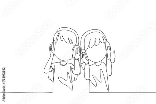 Single continuous line drawing two sisters wearing headphones and each holding a headphone. Share the joy with the favorite music. Swinging rhythm. Day of Brother. One line design vector illustration