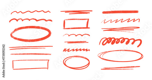 Crayon highlight line with pencil underline set for text emphasis and markup design. Red hand drawn circles, rectangles, wavy strokes and brush marks for document annotation or creative decoration.