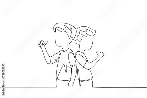 Continuous one line drawing two brothers turn their backs to each other and make a thumbs up gesture. Styled like showing arm muscles. Day of Brother. Single line draw design vector illustration