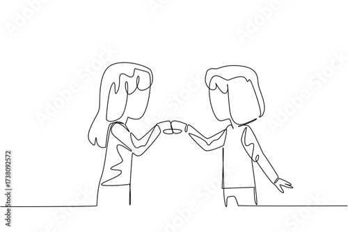 Continuous one line drawing two sisters clenching their fists and giving each other a fist bump. Celebrating success together. Happiness. Day of Brother. Single line draw design vector illustration