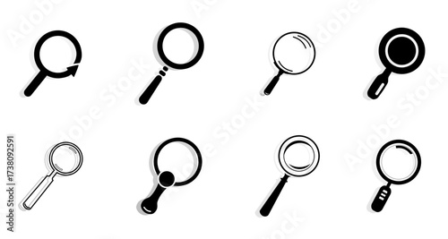 High-resolution vector illustration featuring eight unique magnifying glass icons, each rendered in a sleek black-and-white style