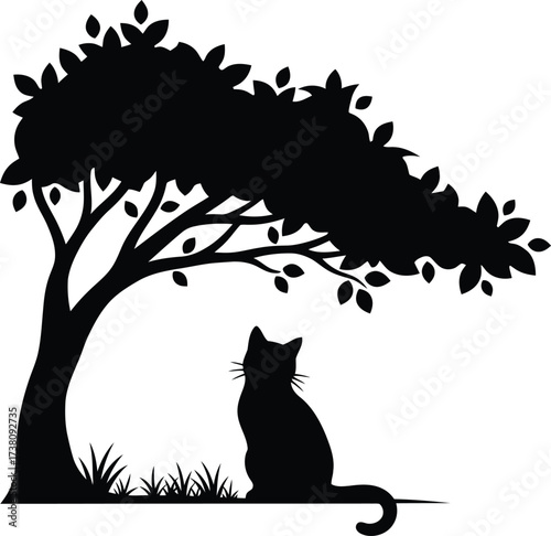 Black silhouette of a graceful cat sitting calmly with its back to the viewer, looking toward the wide, leafy branches of a large tree, symbolizing peace, contemplation, solitude, and nature.