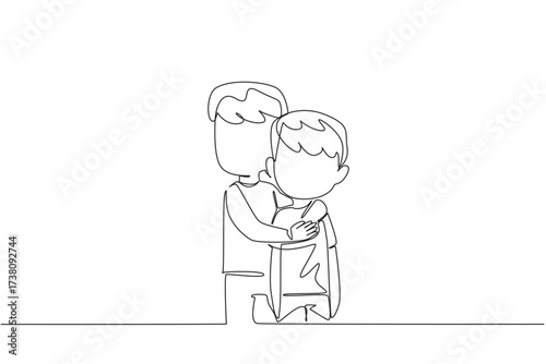 Single one line drawing an older brother hugging body of his younger brother. Tight embrace. Calming. Pleasant. Soothing. Lovely. Exciting. Day of Brother. Continuous line design graphic illustration