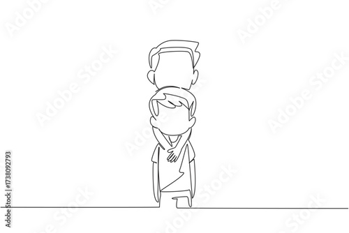 Single one line drawing an older brother hugs body of his younger brother from behind. Funny moments captured by a camera. Memorable. Cute. Day of Brother. Continuous line design graphic illustration