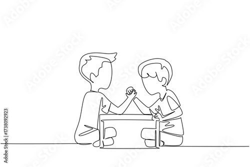 Single continuous line drawing two brothers arm wrestling. Train muscle strength from childhood. A good way to look after a little brother. Sport. Day of Brother. One line design vector illustration