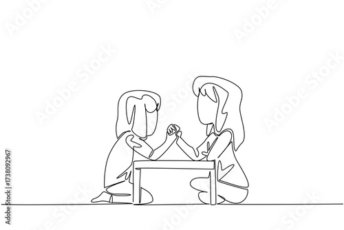 Single one line drawing two sisters sitting on the floor and arm wrestling. Siblings competing in a game of agile. Fun and exciting game. Day of Brother. Continuous line design graphic illustration