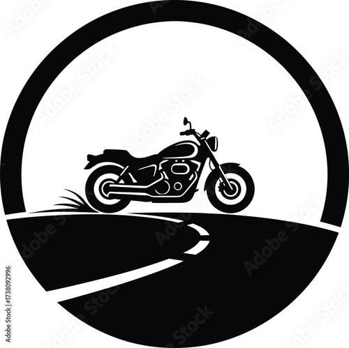 Black and white silhouette of a classic chopper cruiser motorcycle riding on a winding road with a center line, all enclosed in a bold, circular frame, symbolizing freedom, travel, adventure.
