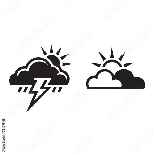 Icons representing weather contrast stormy clouds with lightning and sun behind clouds, isolated on white background technology background