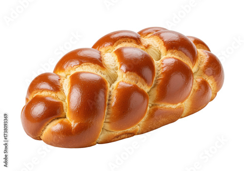 Fotografie Isolated braided challah bread, golden-brown crust, glistening with a sweet egg
