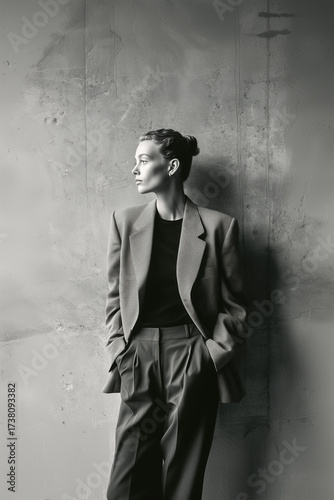 A woman in a black jacket and pants stands in front of a wall