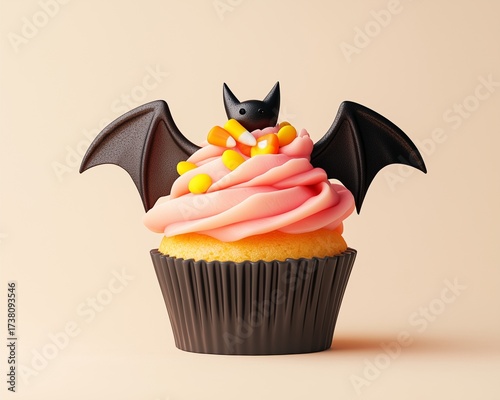 Cupcake with candle Halloween dessert with icing and sprinkles