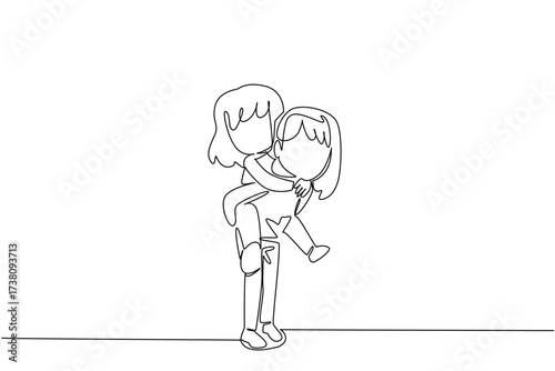 Single one line drawing an older sister carries her younger sister on her back. Keep the little one in a calm mood. Fun together. Warmth. Day of Brother. Continuous line design graphic illustration