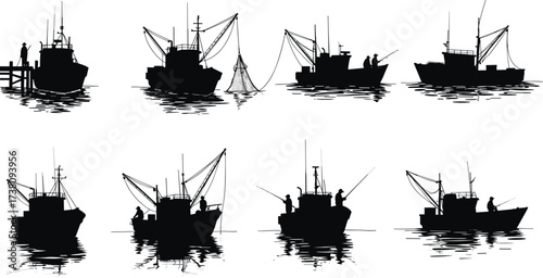 Fishing boat silhouette vector set with nets, fishermen, rigging, and maritime activities on water, black and white nautical illustration design