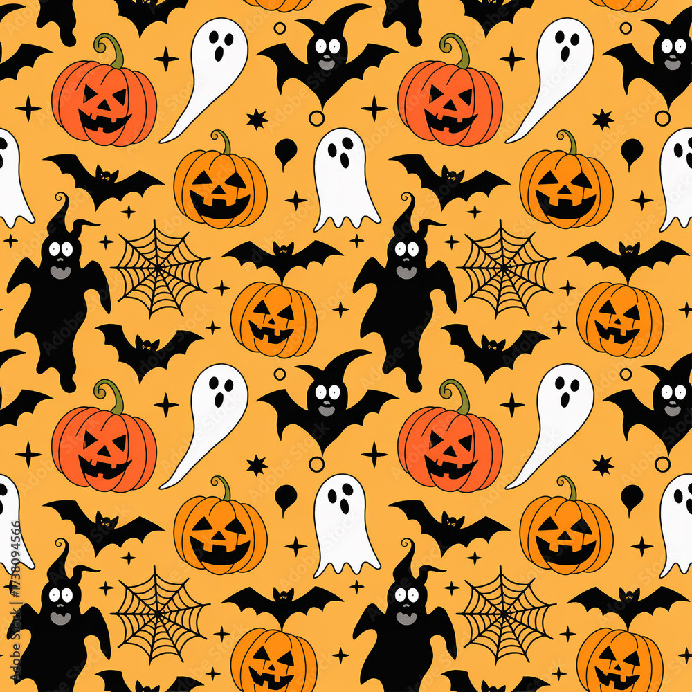 Obraz premium A festive halloween pattern featuring pumpkins, ghosts, bats, and spiderwebs on an orange background, perfect for spooky season decorations