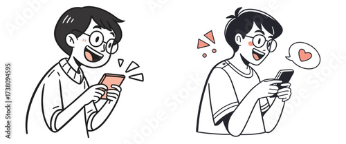 Minimal Vector Illustration of Smiling Character Using Smartphone – Communication and Tech Icon
