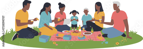 People Enjoying Picnic & Cycling in Park Friends, Nature, Summer Activities Illustration