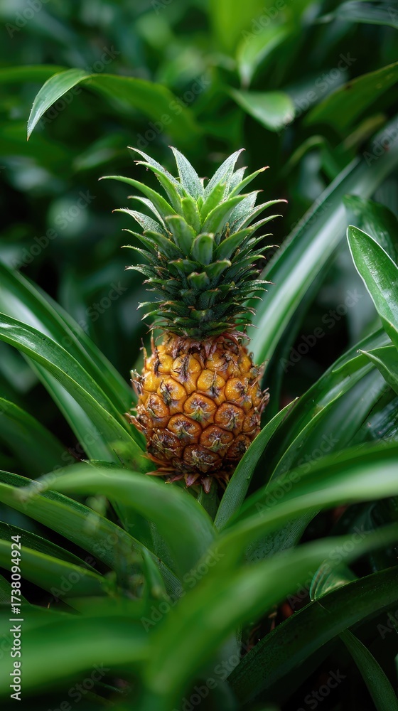 Obraz premium Pineapple fruit, fresh and ripe, growing amidst leafy green foliage