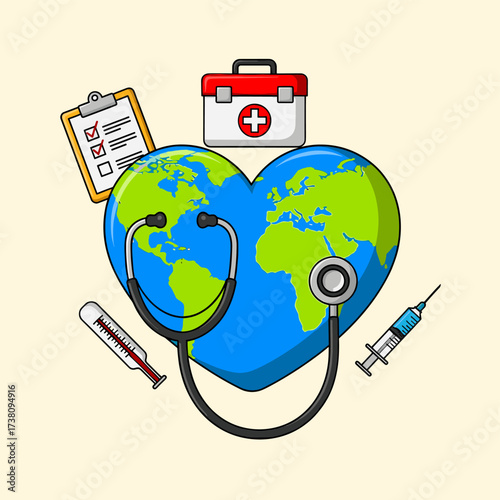 Cartoon Heart Earth with Medical Supplies