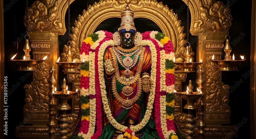 Obraz premium Decorative Hindu Deity Statue in Ornate Gold Frame with Flower Garlands and Oil Lamps in Traditional Temple Setting