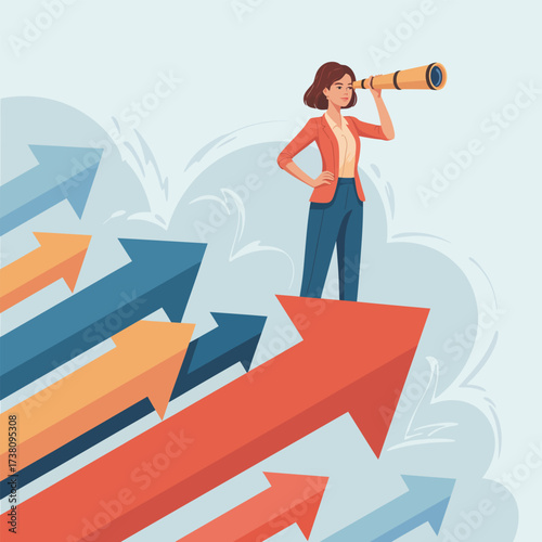 Businesswoman with telescope standing on rising arrows symbolizing success and growth strategy