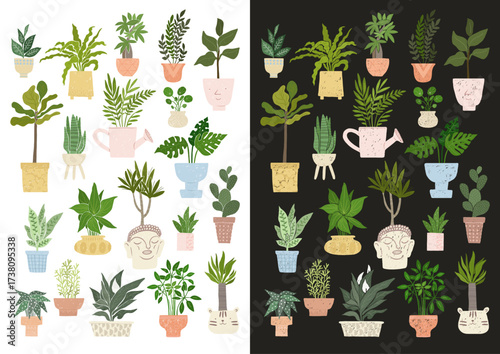 Botanical poster with home plants in pots. Different potted plants. Beautiful interior poster, print design for decoration, banner, house plants. Cute simple illustration with trendy pots, house decor