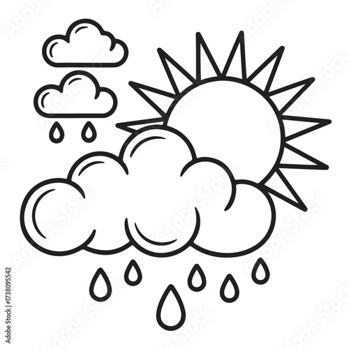 Simple line art drawing of sun behind clouds with rain drops, isolated on white background technology background