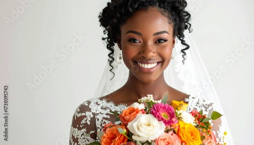 Smiling Bride Holding Vibrant Wedding Bouquet in Elegant White Lace Gown – Realistic HD Stock Photo
