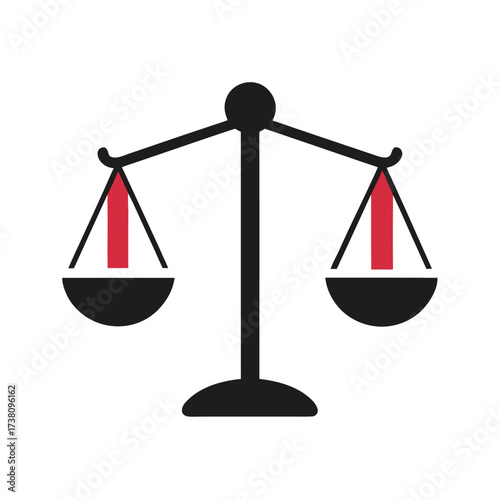 Black and Red Scales of Justice Icon on White Background Keywords: scales of justice, law, legal, balance, equilibrium, fairness, justice, court