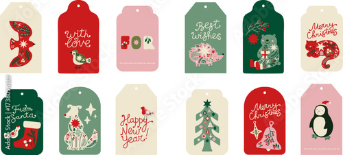 Set of simple beautiful Christmas tags. Birds, Christmas tree, penguin, cat, bear, dog, sock, balls, lettering design. Cute Scandinavian style. Red, green, white and pink colours. For print and cut. 