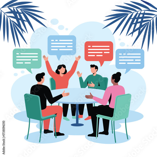 Team brainstorming meeting with diverse coworkers sharing ideas for creative problem solving