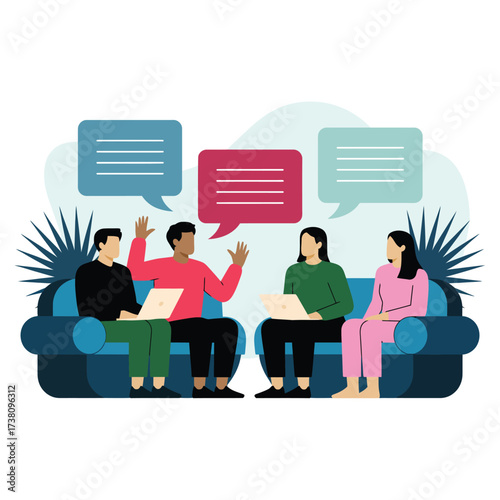 Diverse team collaboration and brainstorming session with creative speech bubbles and laptops