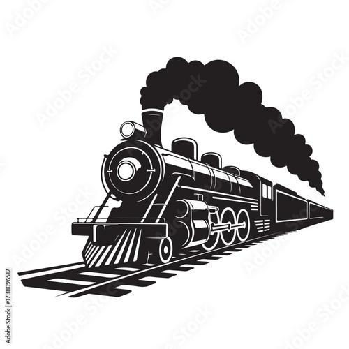 Vintage steam locomotive train with black smoke billowing, isolated on white background technology background