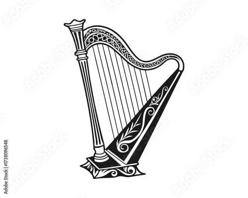 A detailed, vintage-style drawing of a large concert harp with intricate carvings and many strings, presented in black and white