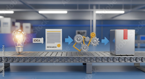 Assembly line turning a lightbulb idea and research paper into a tangible product with gears